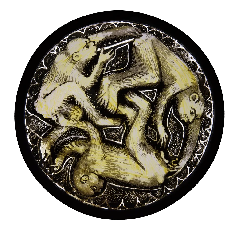 vitražas trys šokinėjančios bezdžionės 